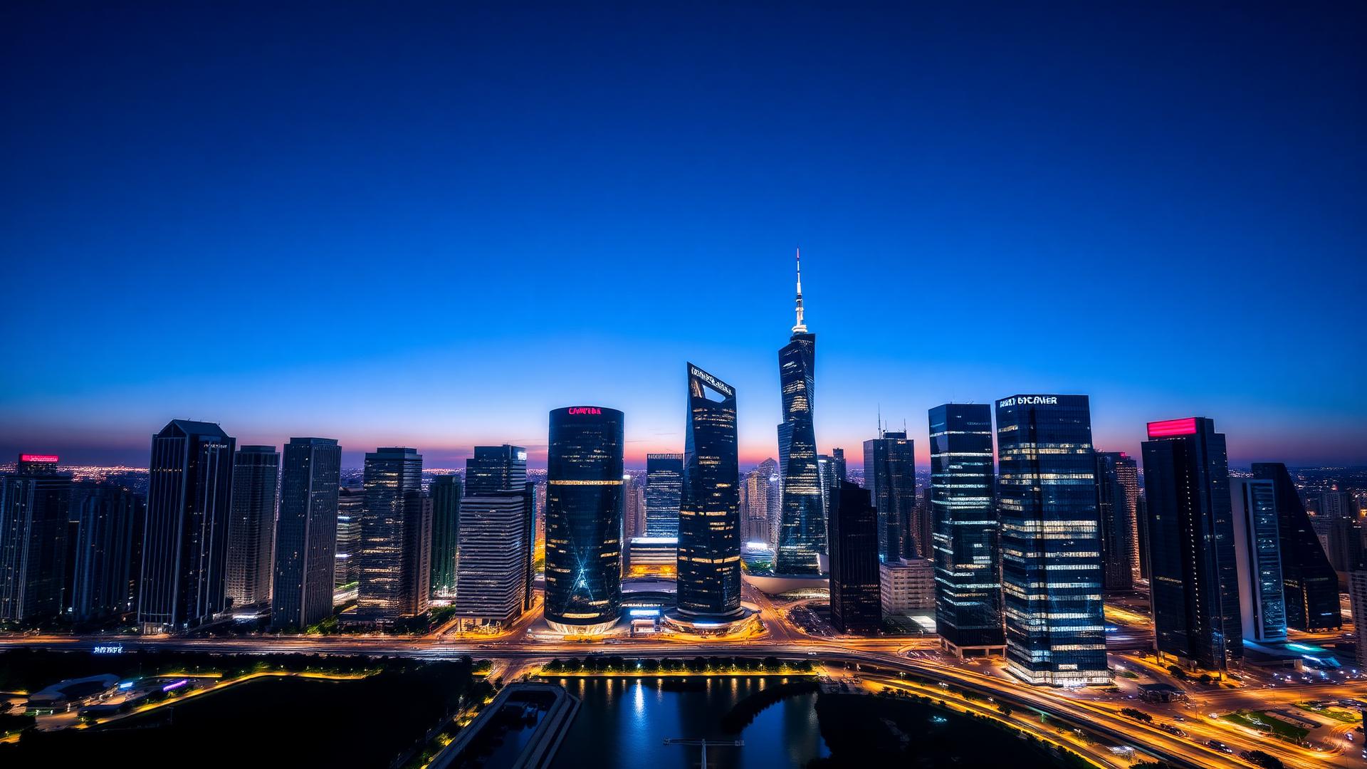 Modern corporate skyline at blue hour